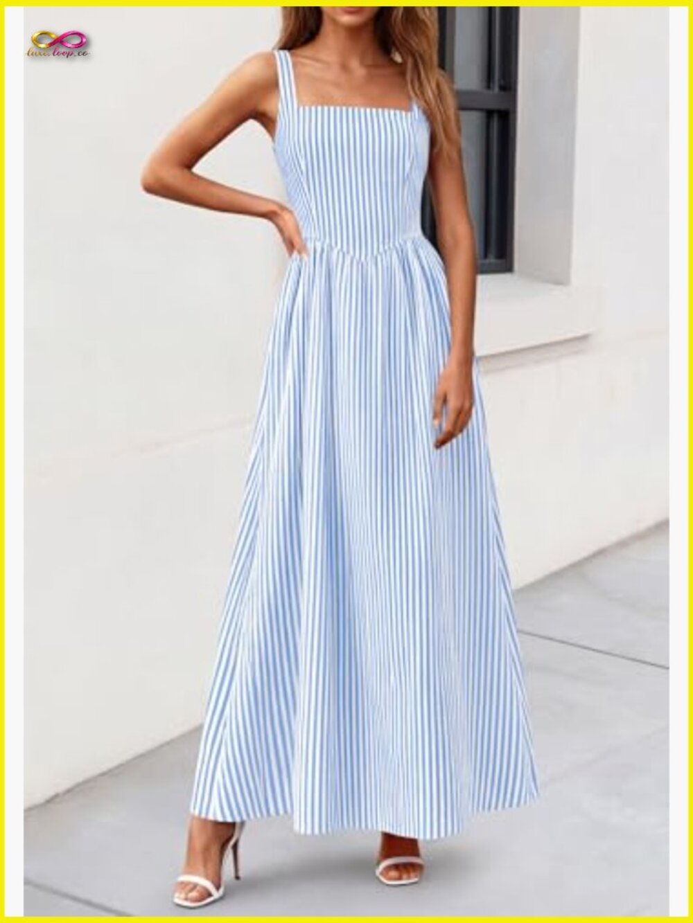 Striped Maxi Dress Smocked A-Line Flowy Beach Vacation Party Square Neck - Picture 3 of 7